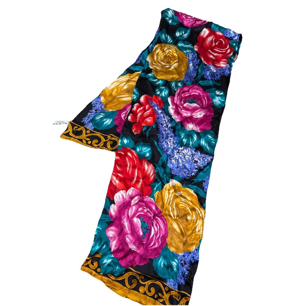LIZ‎ CLAIBORNE Silk Scarf 52 x 10" Floral Red, Gold Vintage